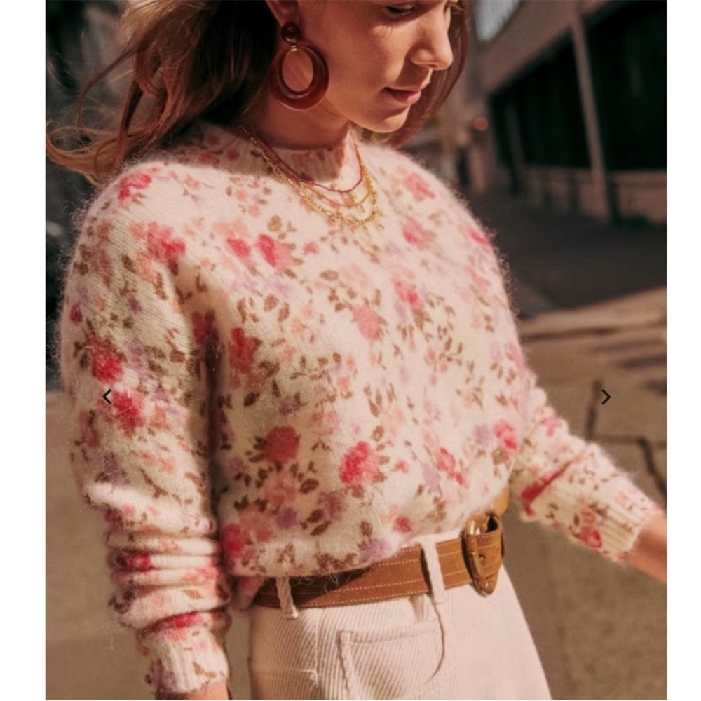 Sezane Floral Sweater in Pink and Cream